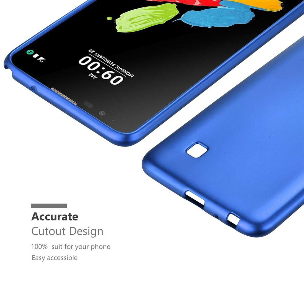 Blaue Handyhülle mit Telefon, das die Uhrzeit anzeigt. Eine weitere Hülle ist daneben zu sehen.