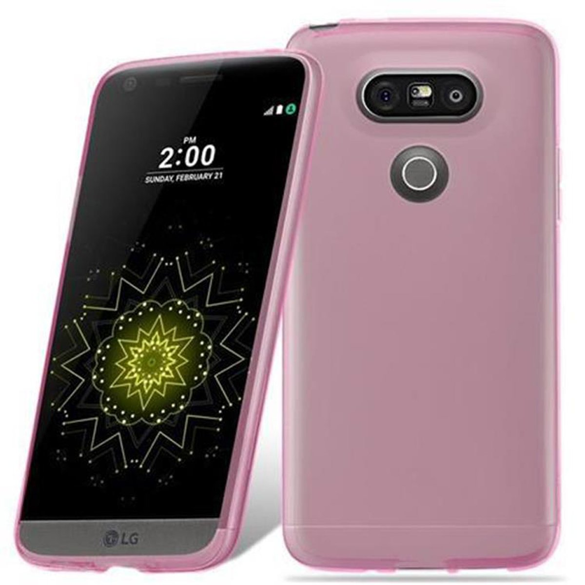 Rosa Telefon und Hülle. Das Telefon befindet sich in einer transparenten Hülle. Der Bildschirm ist an. Die Hülle ist rosa.