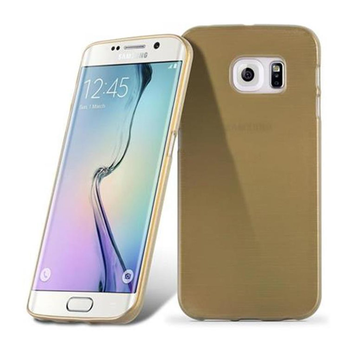 Telefon und Hülle, gold und hellbraun, weißer Hintergrund, Vorder- und Rückseite des Telefons.