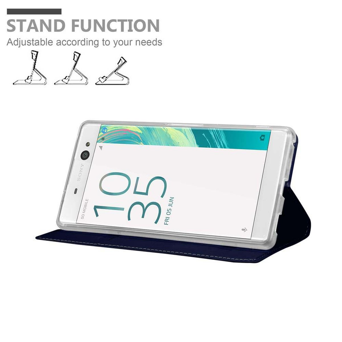 Telefono bianco, custodia blu, funzione supporto con illustrazioni. Telefono aperto.