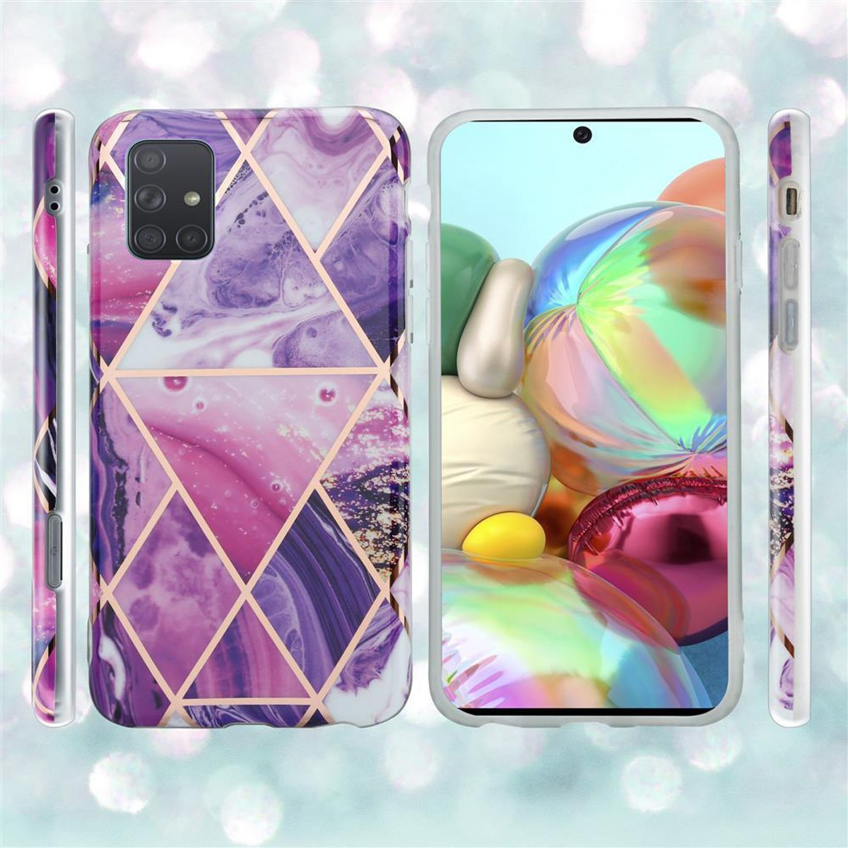 Custodia per telefono con design viola e oro. Sono mostrate le viste laterali della custodia.