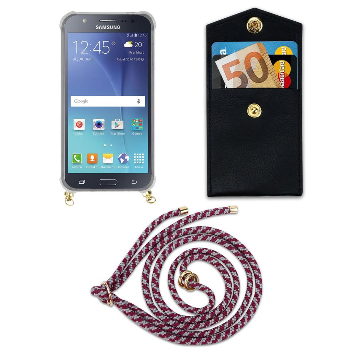 Handy mit Kordel J5 Samsung, 2015, Backcover, abnehmbarer Gold WEIß ROT Galaxy Band Kette Ringen, und CADORABO Hülle,