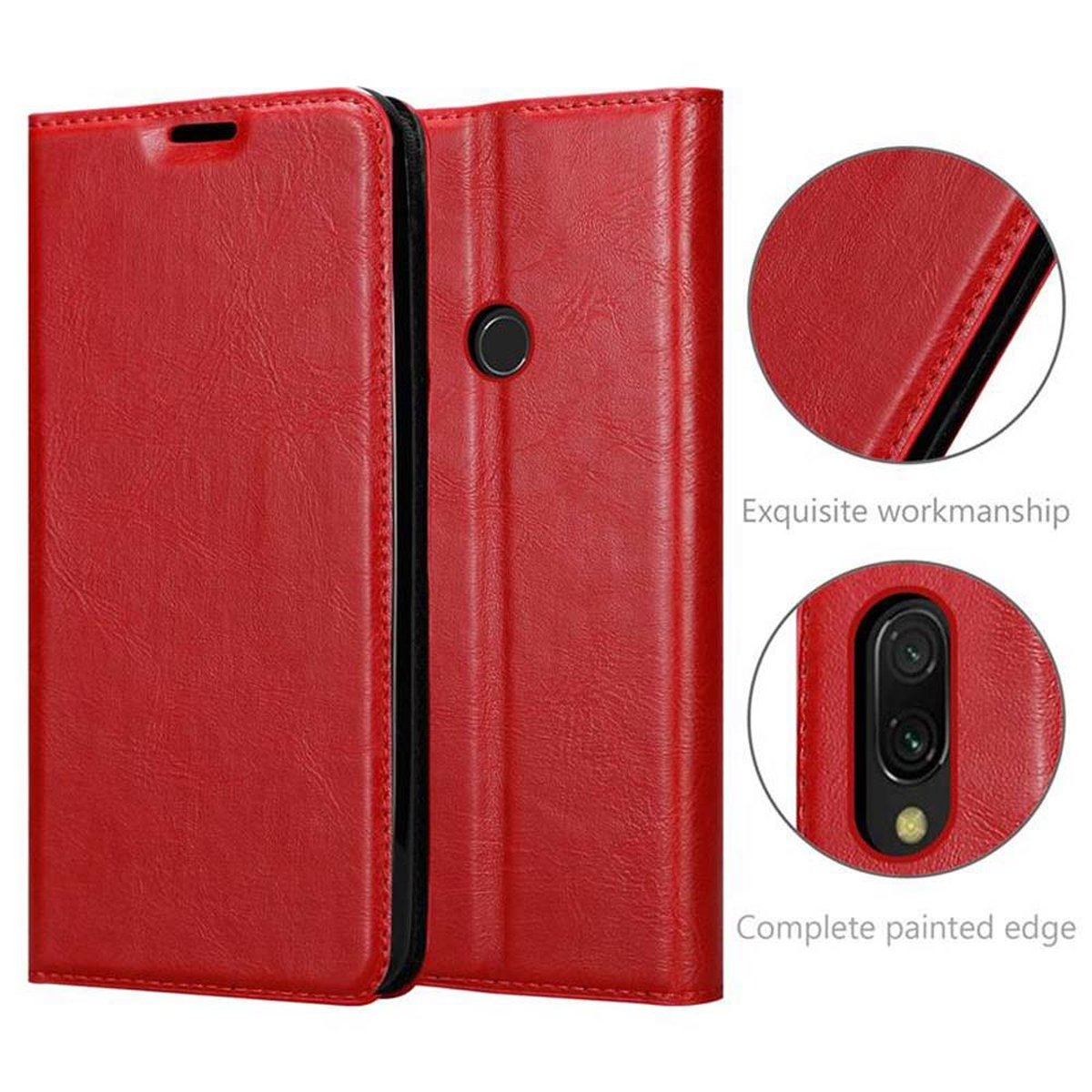 Custodia per telefono rossa, chiusa. Primo piano della custodia con squisita fattura e bordo verniciato completo.