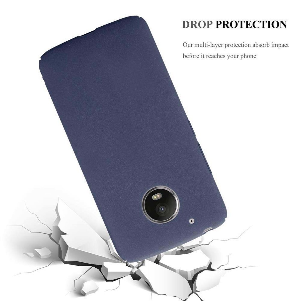 Una custodia blu per telefono su una superficie bianca con crepe. Testo: DROP PROTECTION.