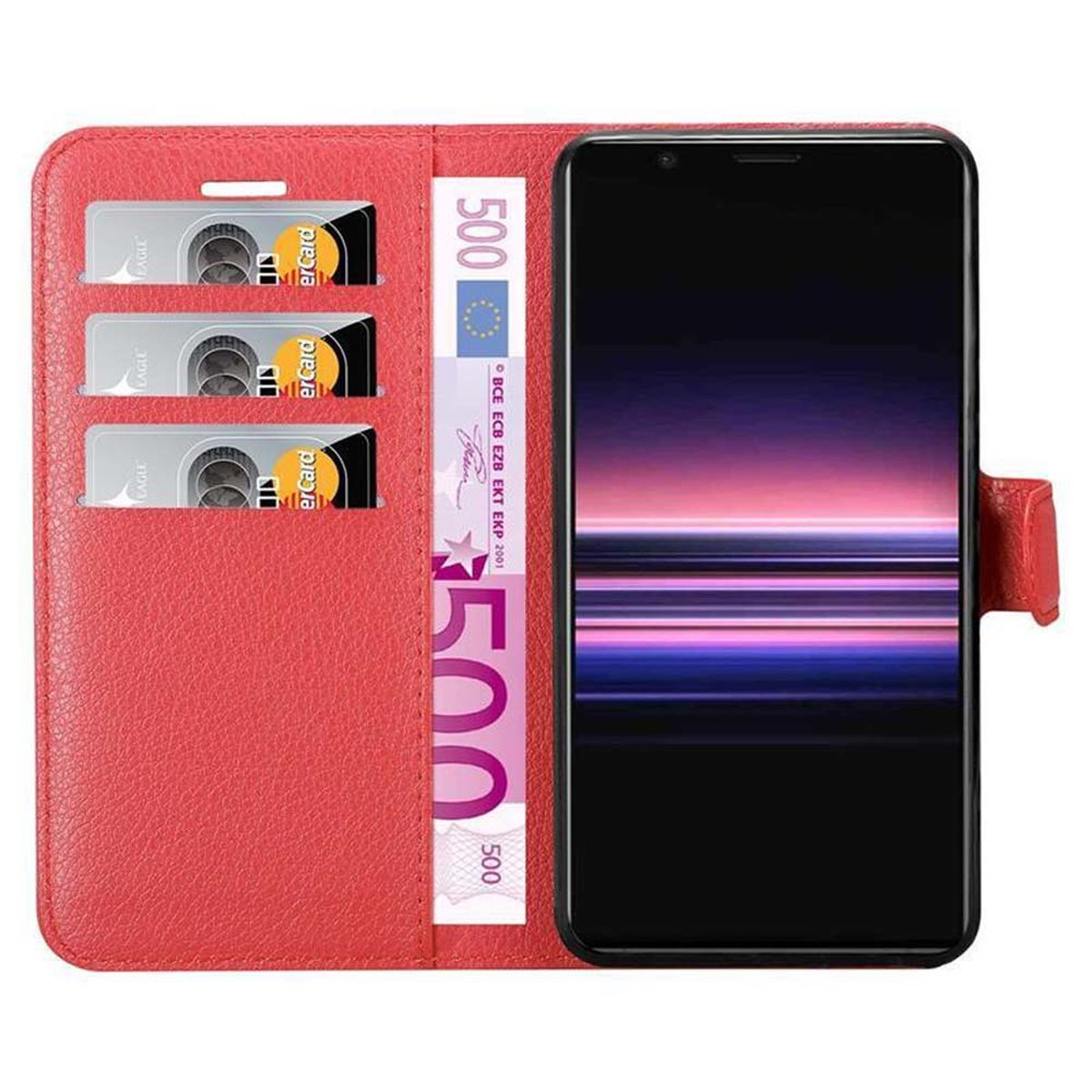 Xperia Bookcover, 5, KARMIN ROT Sony, Standfunktion, Book Hülle CADORABO