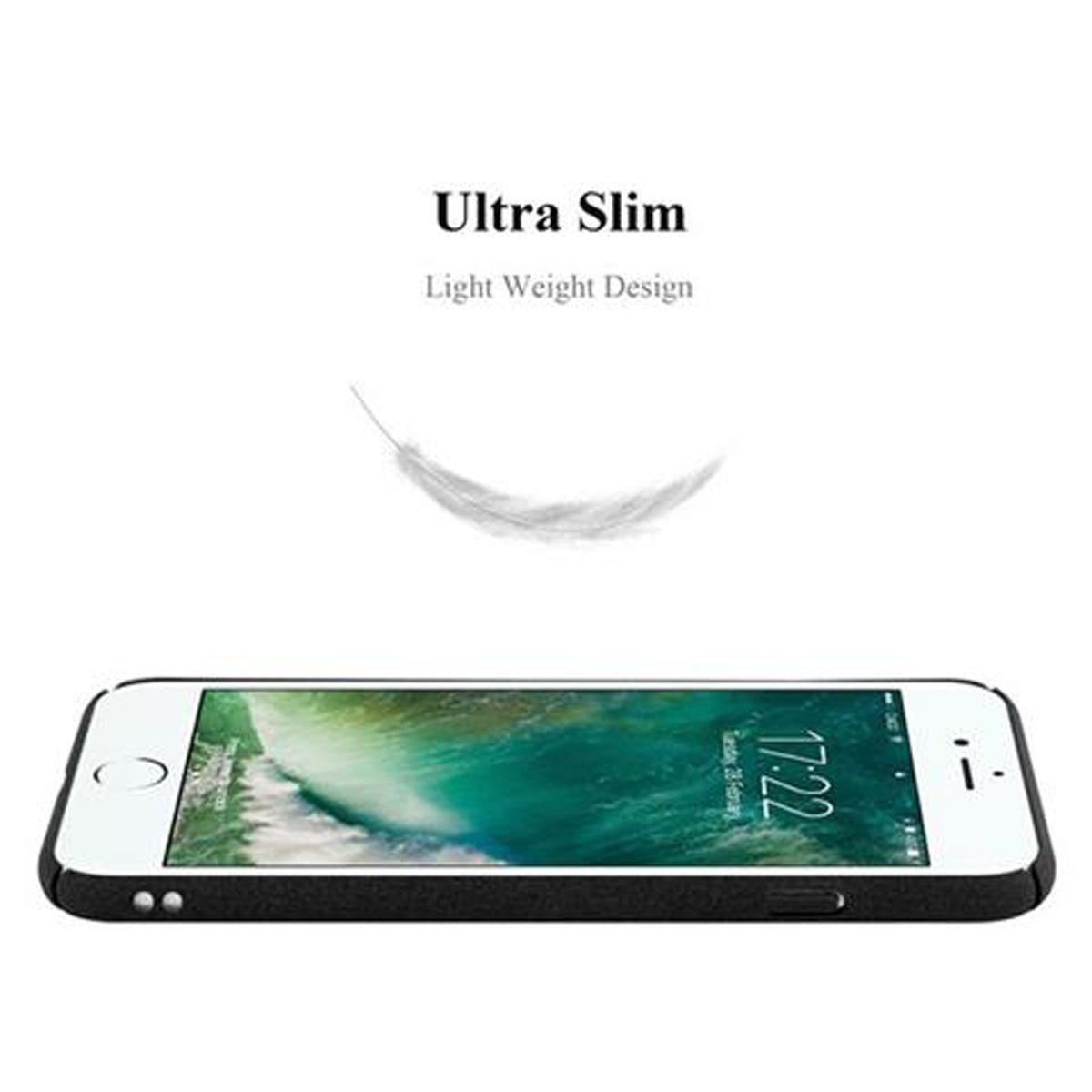 Telefono con custodia nera, testo Ultra Slim e un grafico di piuma. Sfondo bianco.