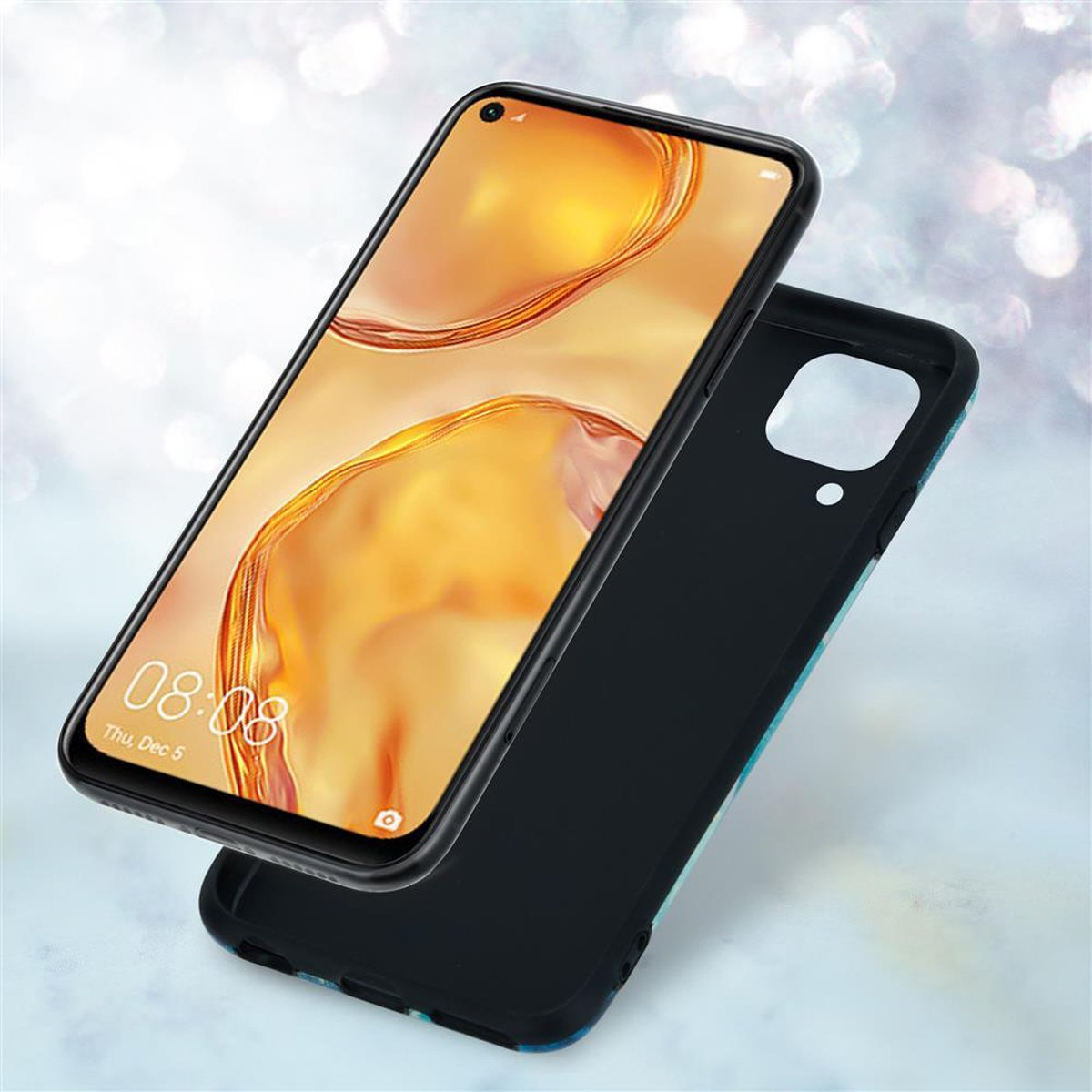 Smartphone con schermo dorato, custodia nera. Il retro della custodia è blu.