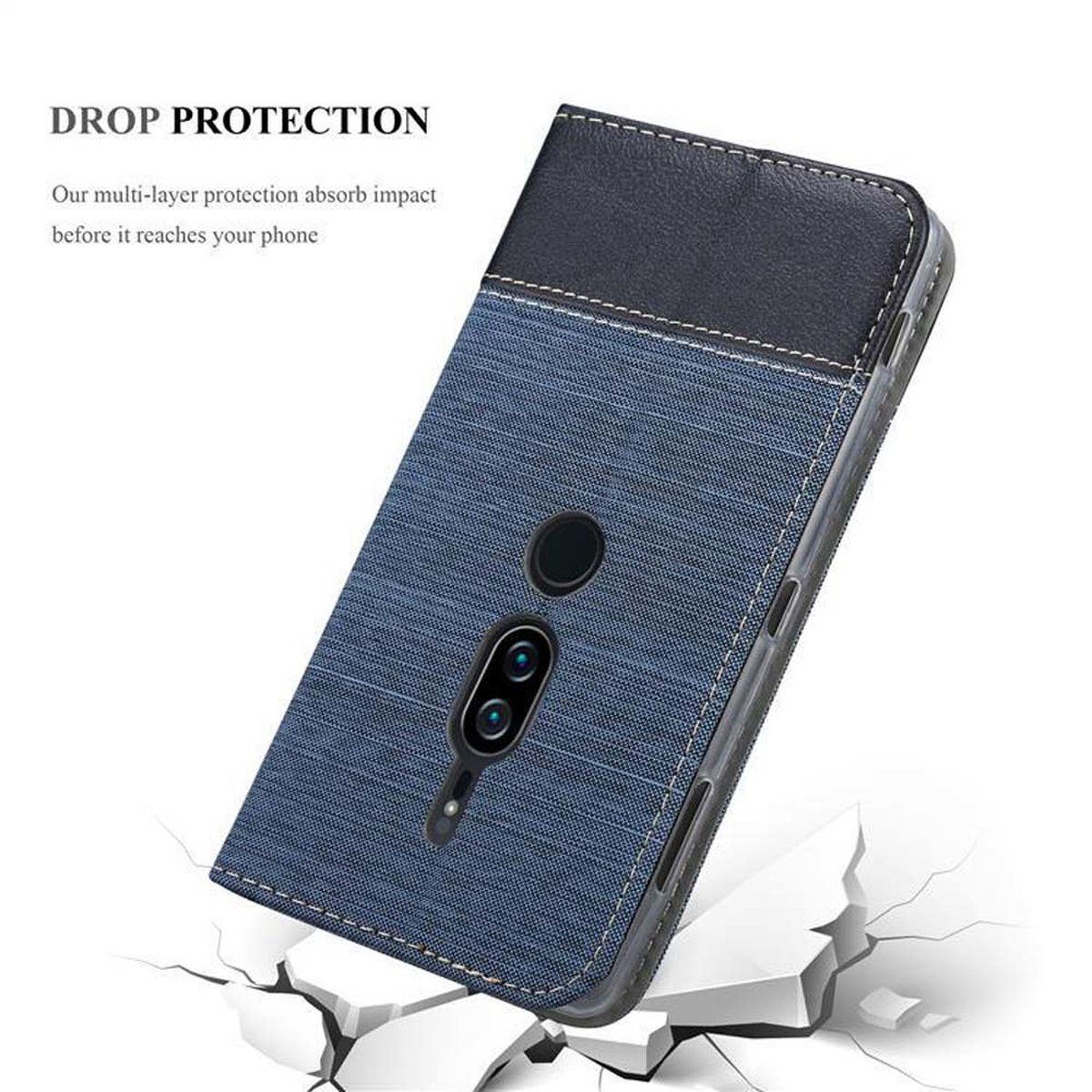 Bookcover, XZ2 DUNKEL Style, PREMIUM, im BLAU Book Sony, SCHWARZ Jeans Schutzhülle CADORABO Xperia