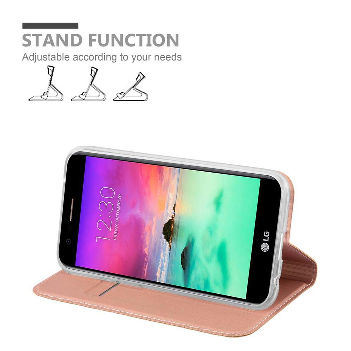 Telefono in custodia, custodia aperta con funzione supporto. Testo: 'STAND FUNCTION Adjustable according to your needs'.