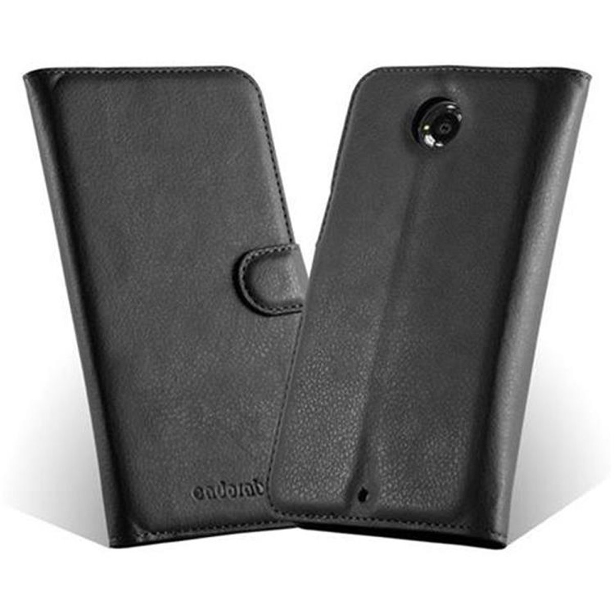 Custodia per telefono nera, aperta. La custodia ha una chiusura magnetica. Materiale simile alla pelle.