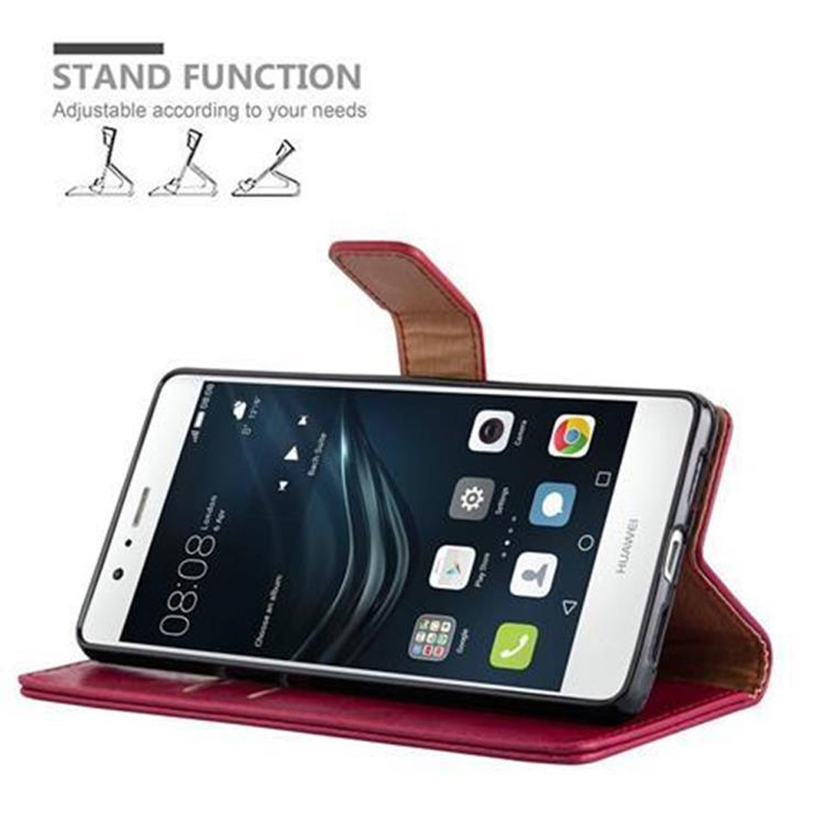 Teléfono en una funda roja, apoyado. La pantalla muestra la interfaz.