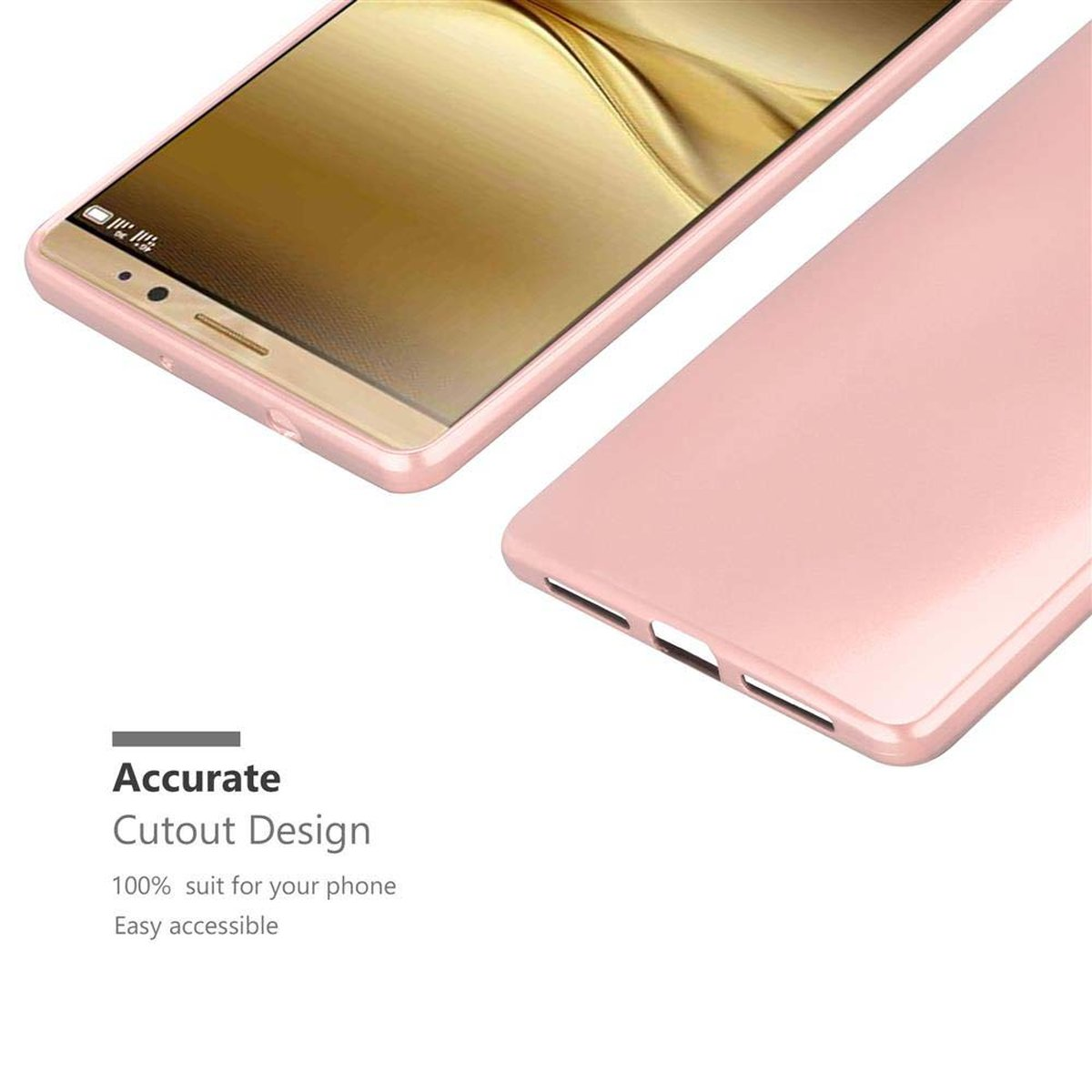 Funda rosa con diseño recortado. El texto indica que es 100% adecuada y de fácil acceso.