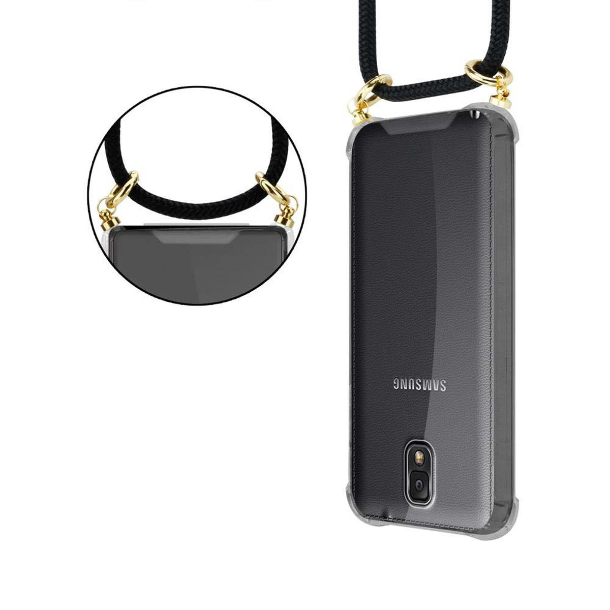 CADORABO Handy Samsung, Galaxy Kette mit Hülle, Ringen, abnehmbarer 3, Band SCHWARZ Kordel NOTE Backcover, Gold und
