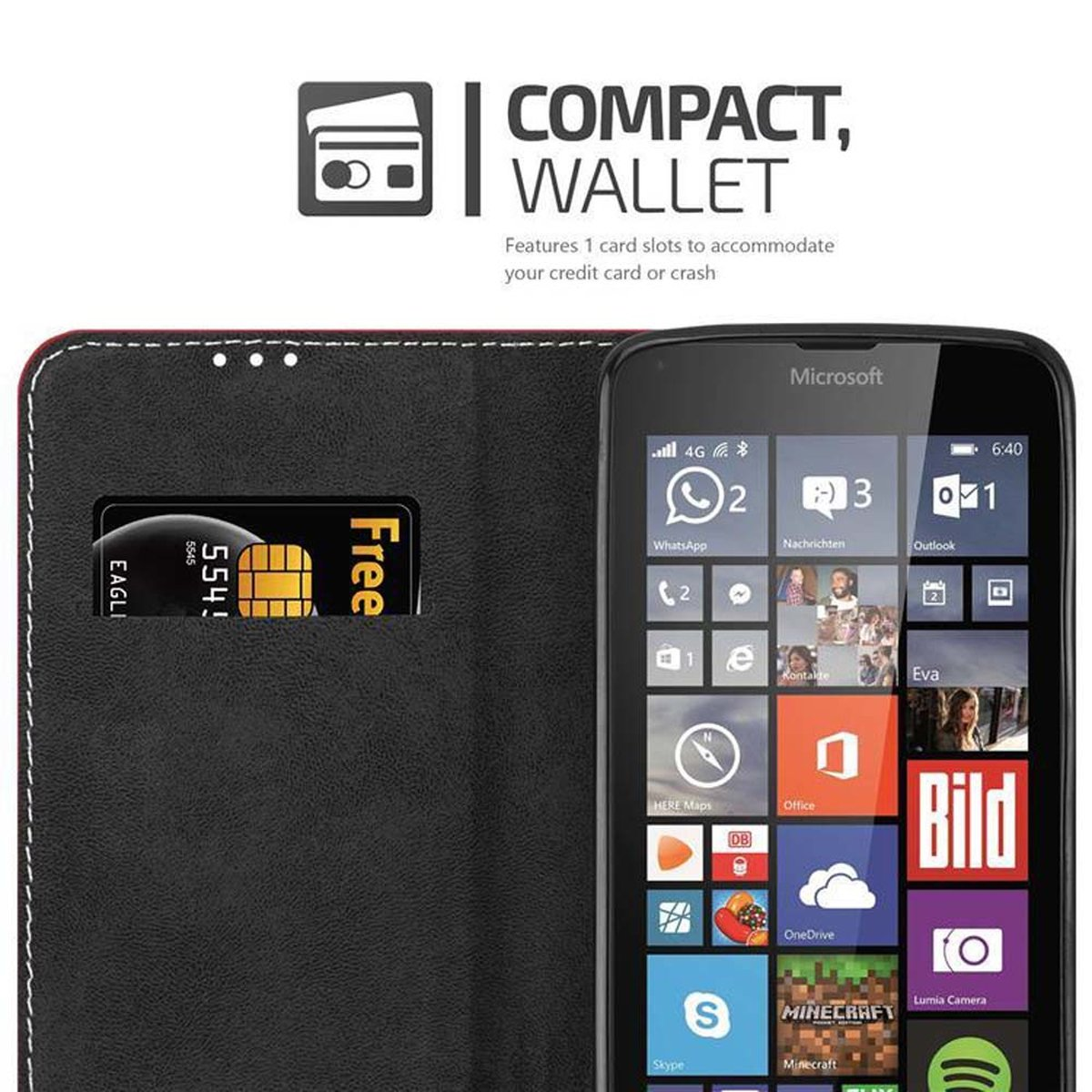 CADORABO Kunstleder ROT Lumia 640, Hülle, Bookcover, Nokia, SCHWARZ