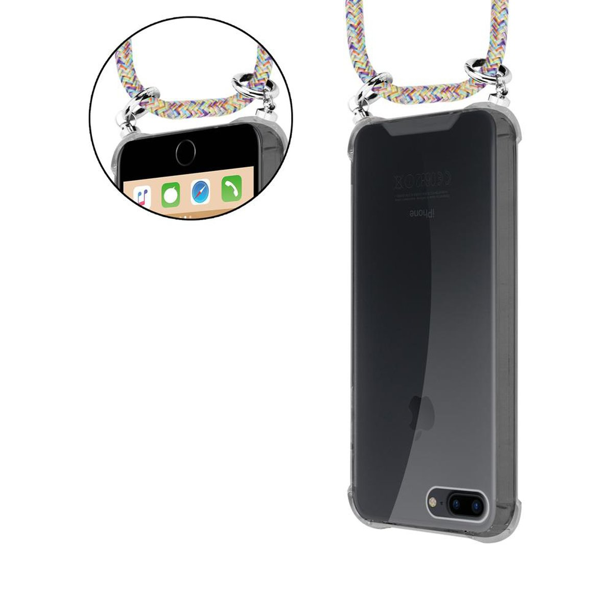 iPhone in custodia trasparente con cordino. Cordino in corda multicolore con attacchi in metallo. Il telefono mostra le icone delle app.