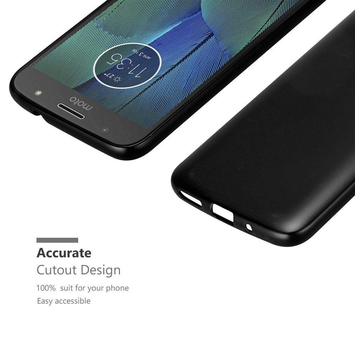 Telefono nero con custodia, primo piano dello schermo del telefono. Il design della custodia è liscio. Lo sfondo è bianco.