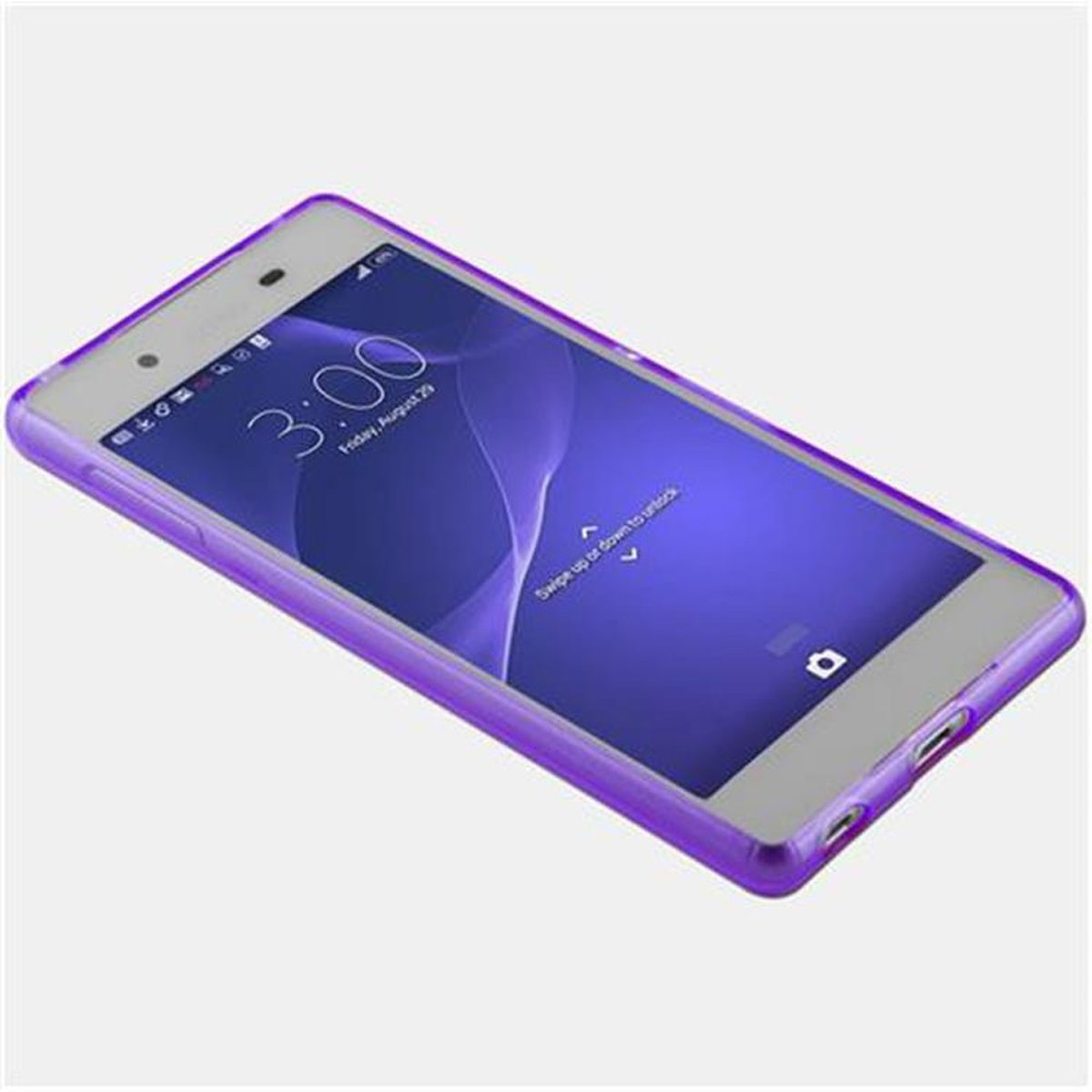 Custodia viola per telefono con telefono che mostra le 3:00, sfondo bianco.
