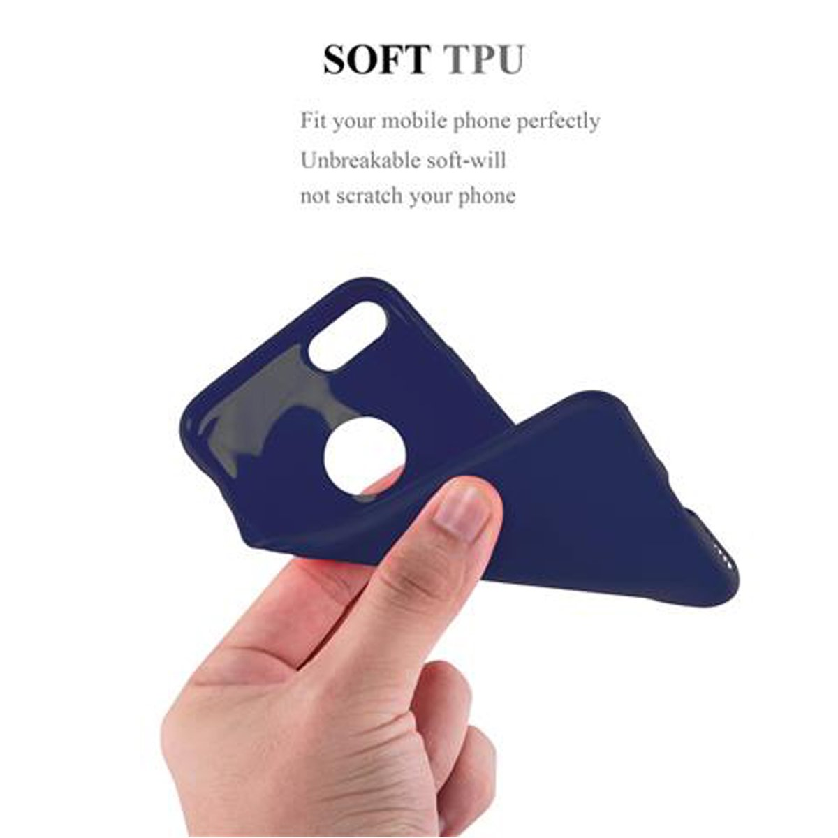 Eine Hand hält eine blaue Handyhülle. Die Hülle ist flexibel. Der Text sagt SOFT TPU.