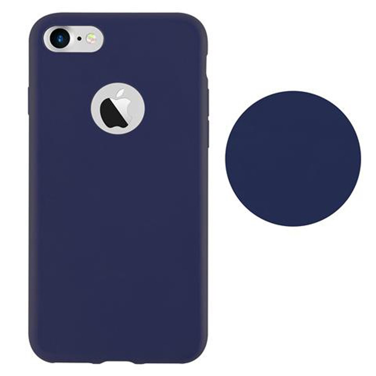 Dunkelblaue Handyhülle. Weißes Apple-Logo und ein Kreis auf der rechten Seite.