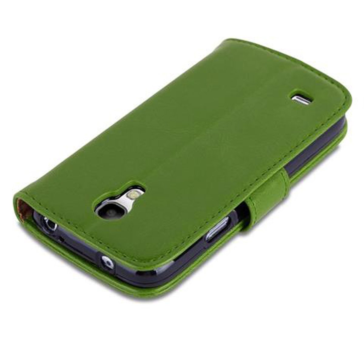 Funda de teléfono verde de cuero. Abierta, con orificio de cámara y cierre.