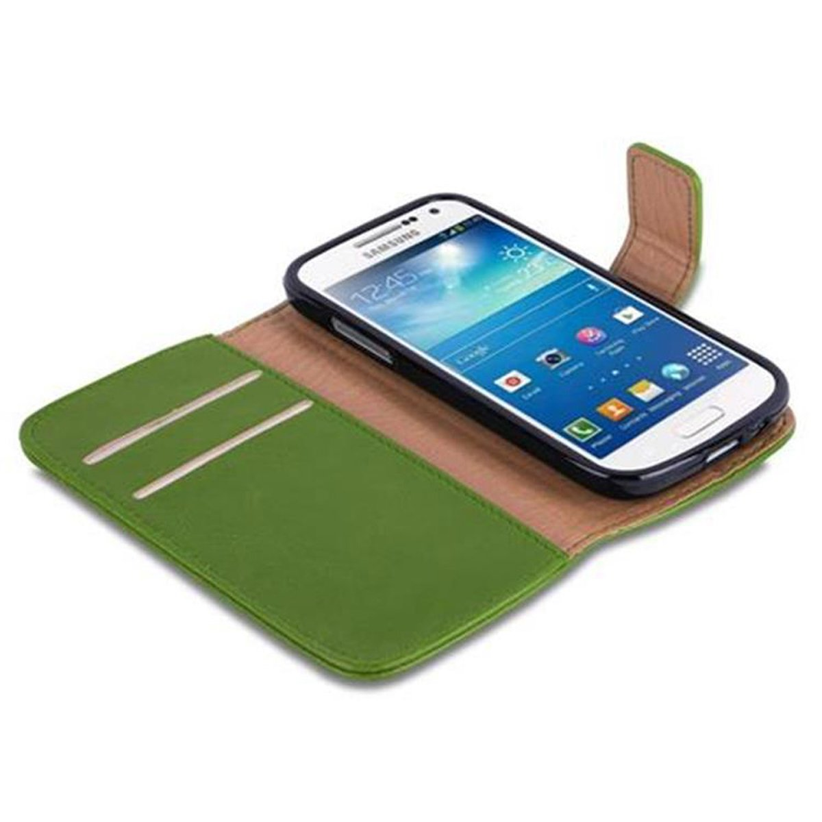 Teléfono Samsung en funda verde abierta. El teléfono muestra aplicaciones en la pantalla. La funda tiene ranuras para tarjetas.
