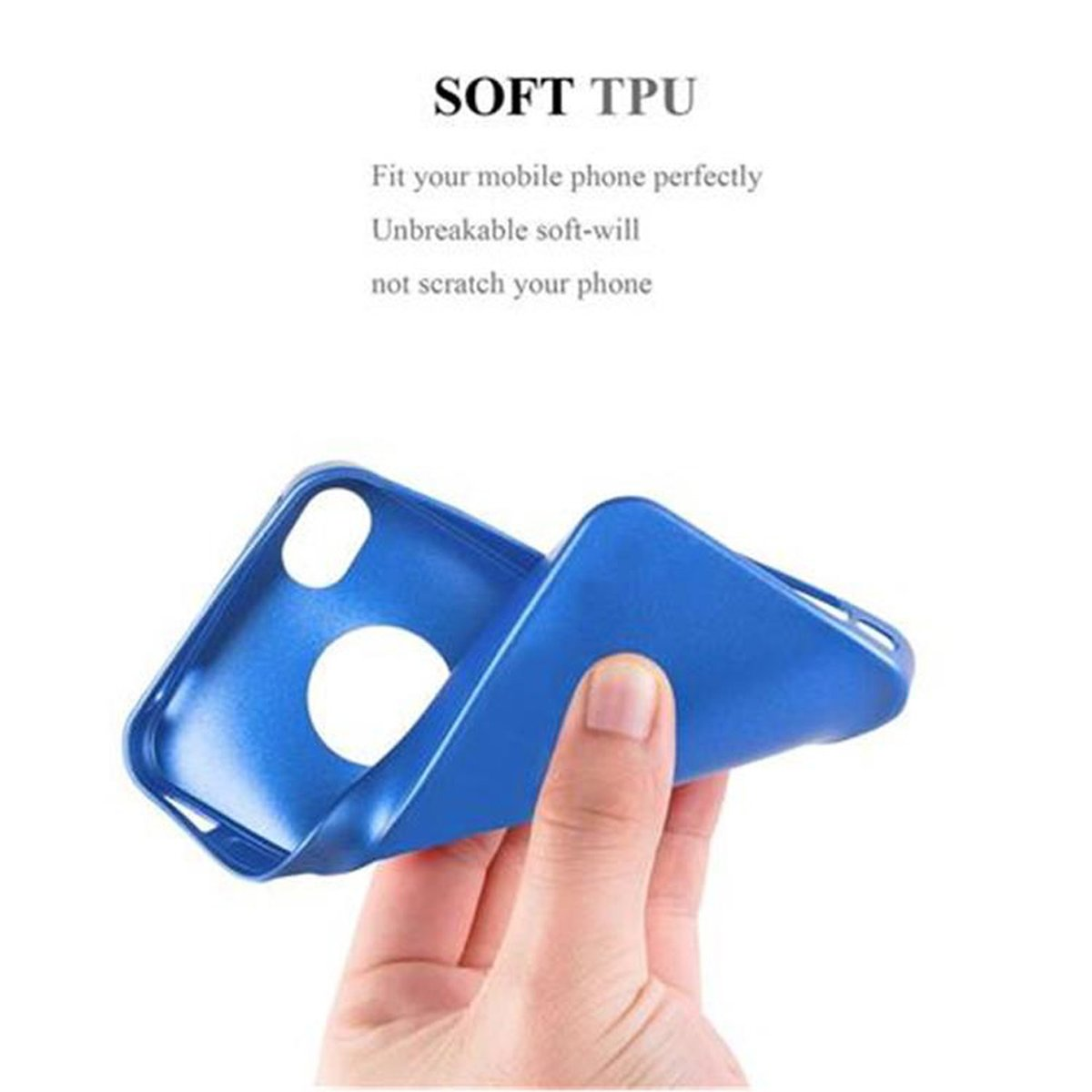 Eine blaue Handyhülle, die von einer Hand gehalten wird.
