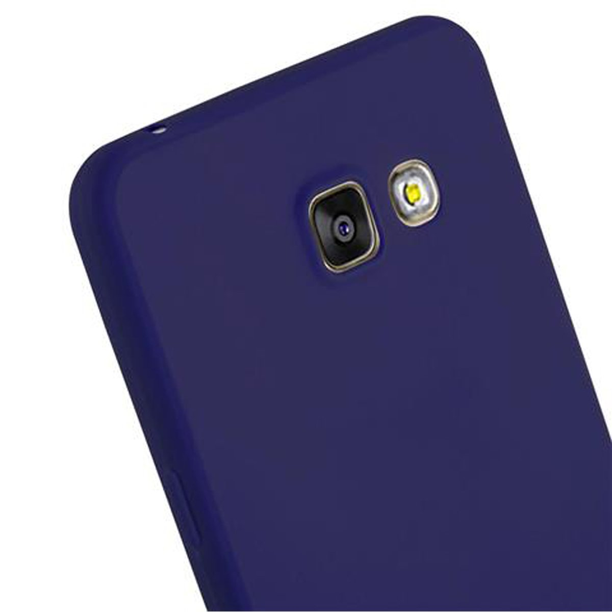 Primo piano di una custodia per telefono blu scuro. Fotocamera e flash visibili.