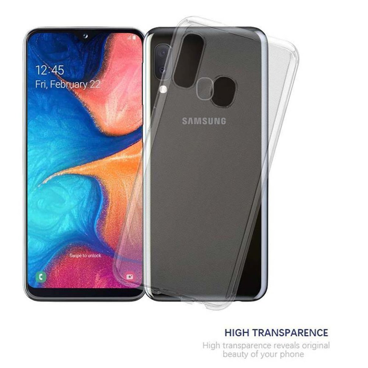 Transparente Handyhülle mit Telefon. Das Telefon zeigt Datum und Uhrzeit. Text: Hohe Transparenz.