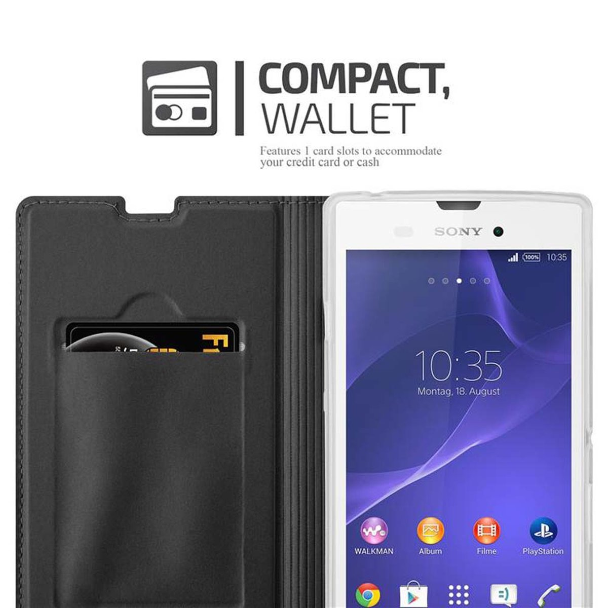 Funda negra para teléfono con ranura para tarjetas, tarjeta de crédito y teléfono con hora.