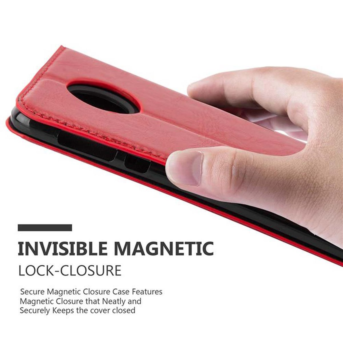 Custodia rossa per telefono tenuta in mano, con testo: INVISIBLE MAGNETIC LOCK-CLOSURE.