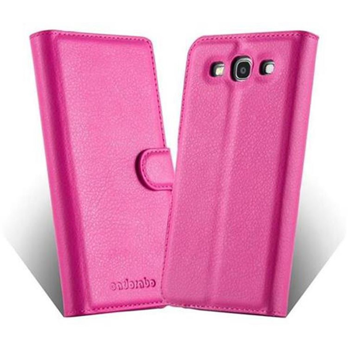 Rosa Handyhülle, das Telefon ist zusammengeklappt. Es ist eine rosa, lederartige Hülle.