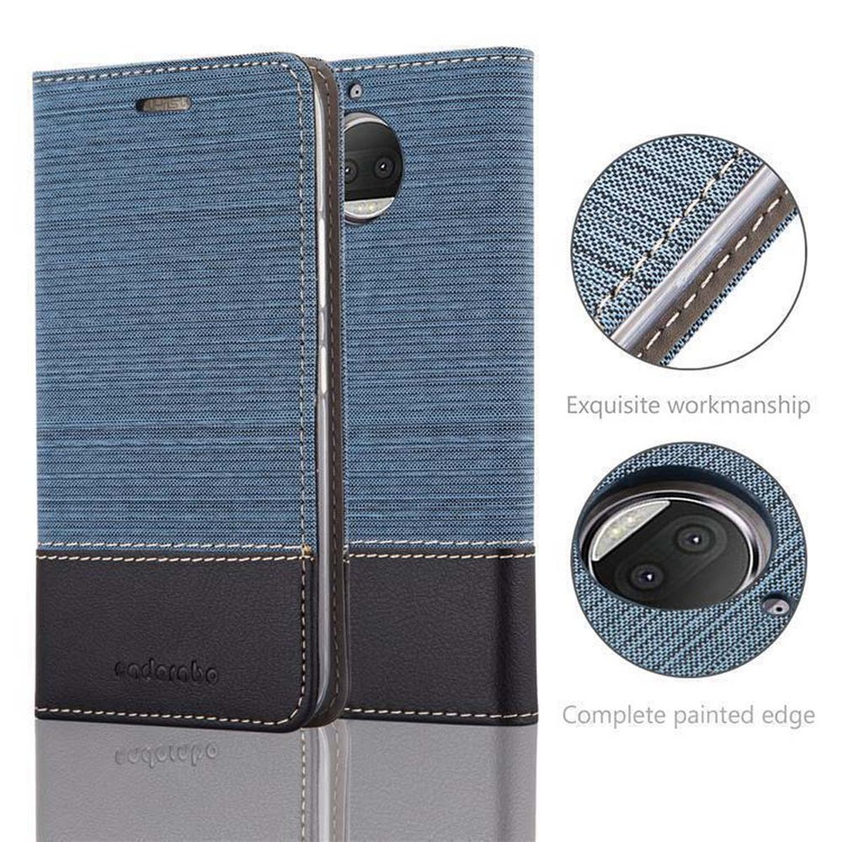 Zwei Telefonhüllen nebeneinander. Sie sind blau mit schwarzem Leder unten. Nahaufnahmen zeigen Details.
