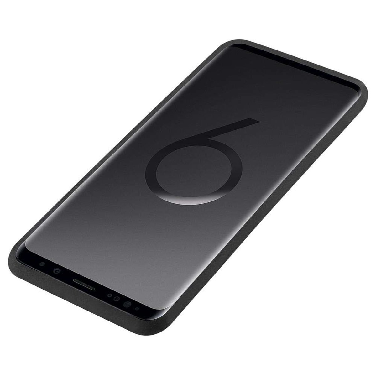 Una custodia per telefono nera, con il numero '6' visibile, angolata su sfondo bianco.