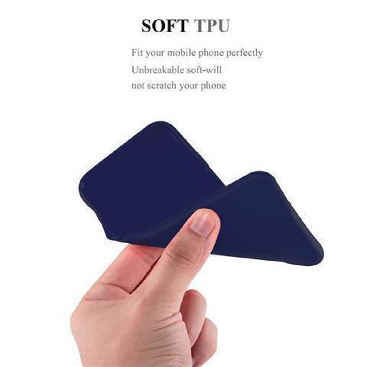 Mano sosteniendo una funda de teléfono azul oscuro, con texto sobre protección y funciones del teléfono.