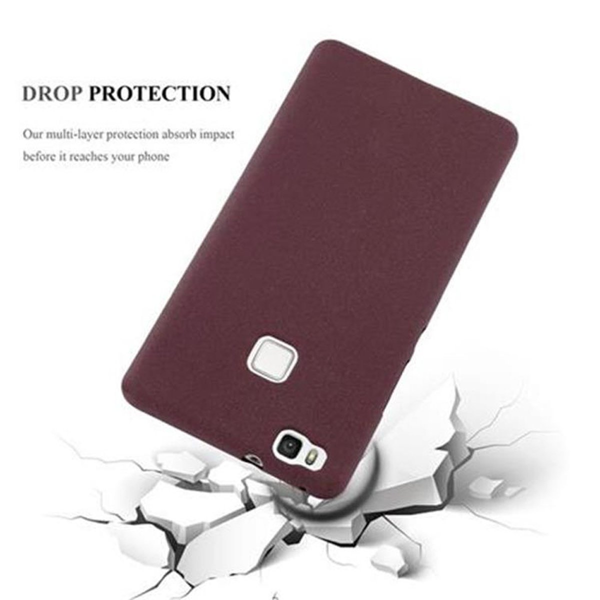 Funda de teléfono granate con un cuadrado blanco para la cámara. La funda está sobre una superficie blanca.