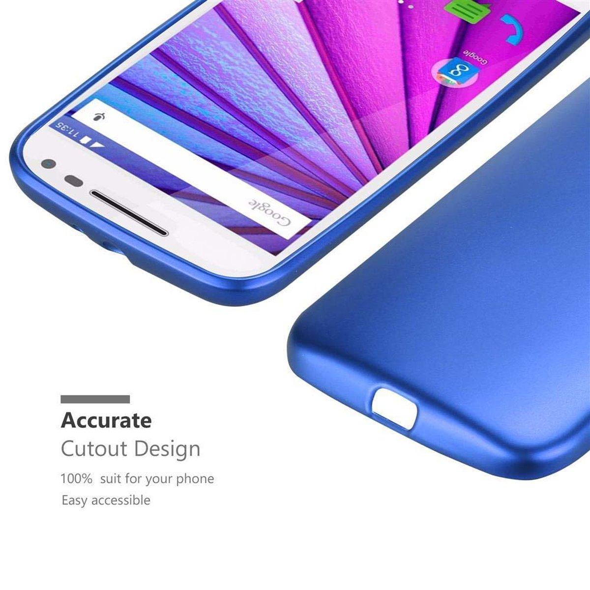 Funda de teléfono azul, teléfono dentro. Texto: Diseño de recorte preciso.