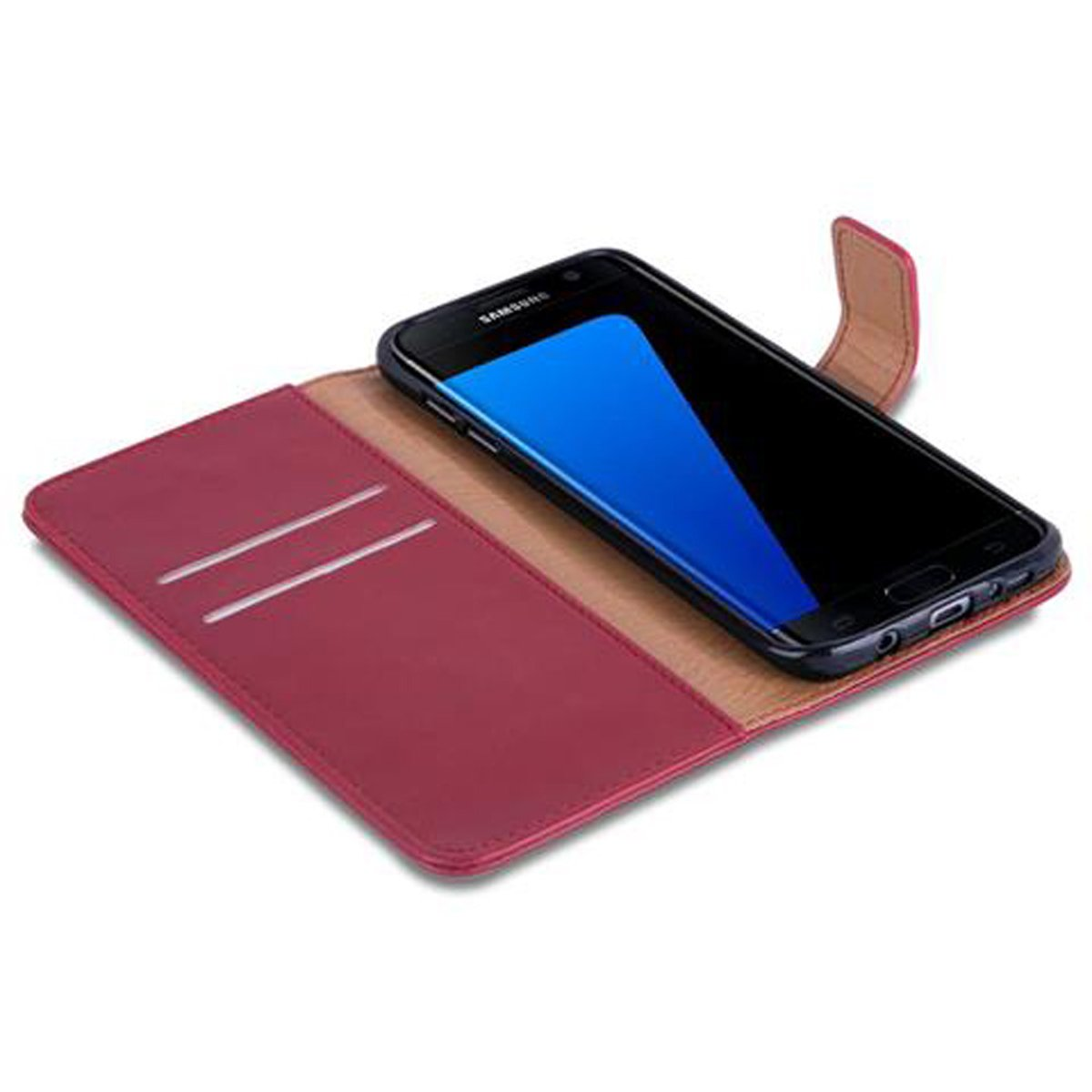 Un teléfono en una funda roja estilo cartera. La funda está abierta, mostrando el teléfono y las ranuras para tarjetas.
