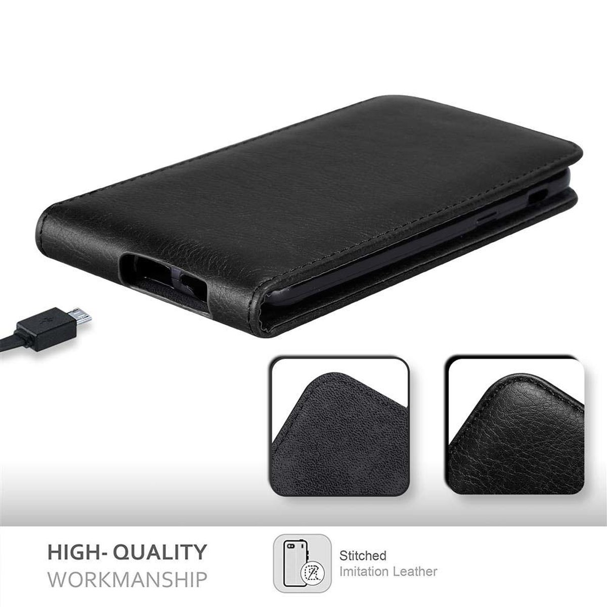 Se muestra una funda negra para teléfono. La funda está cerrada y tiene una solapa. Está hecha de cuero de imitación.