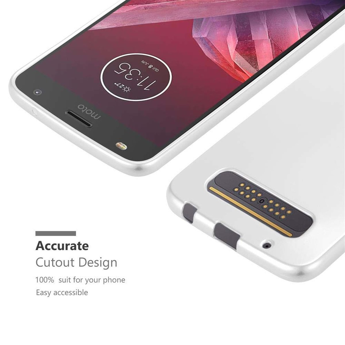 Un telefono Moto in una custodia argentata. Il testo dice 'Accurate Cutout Design' e 'Easy accessible'.