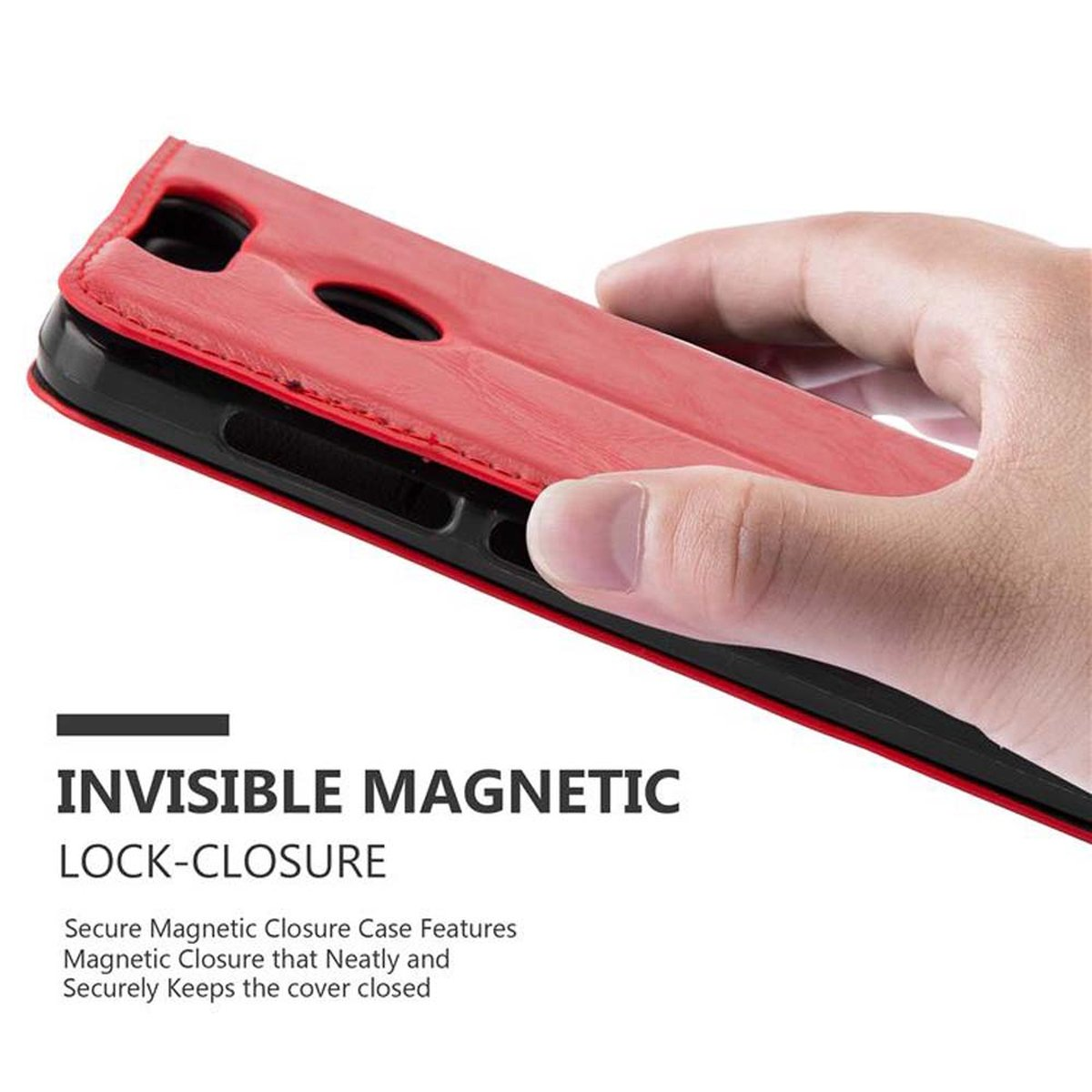 Eine Hand hält eine rote Handyhülle. Text: 'Invisible Magnetic Lock-Closure'.
