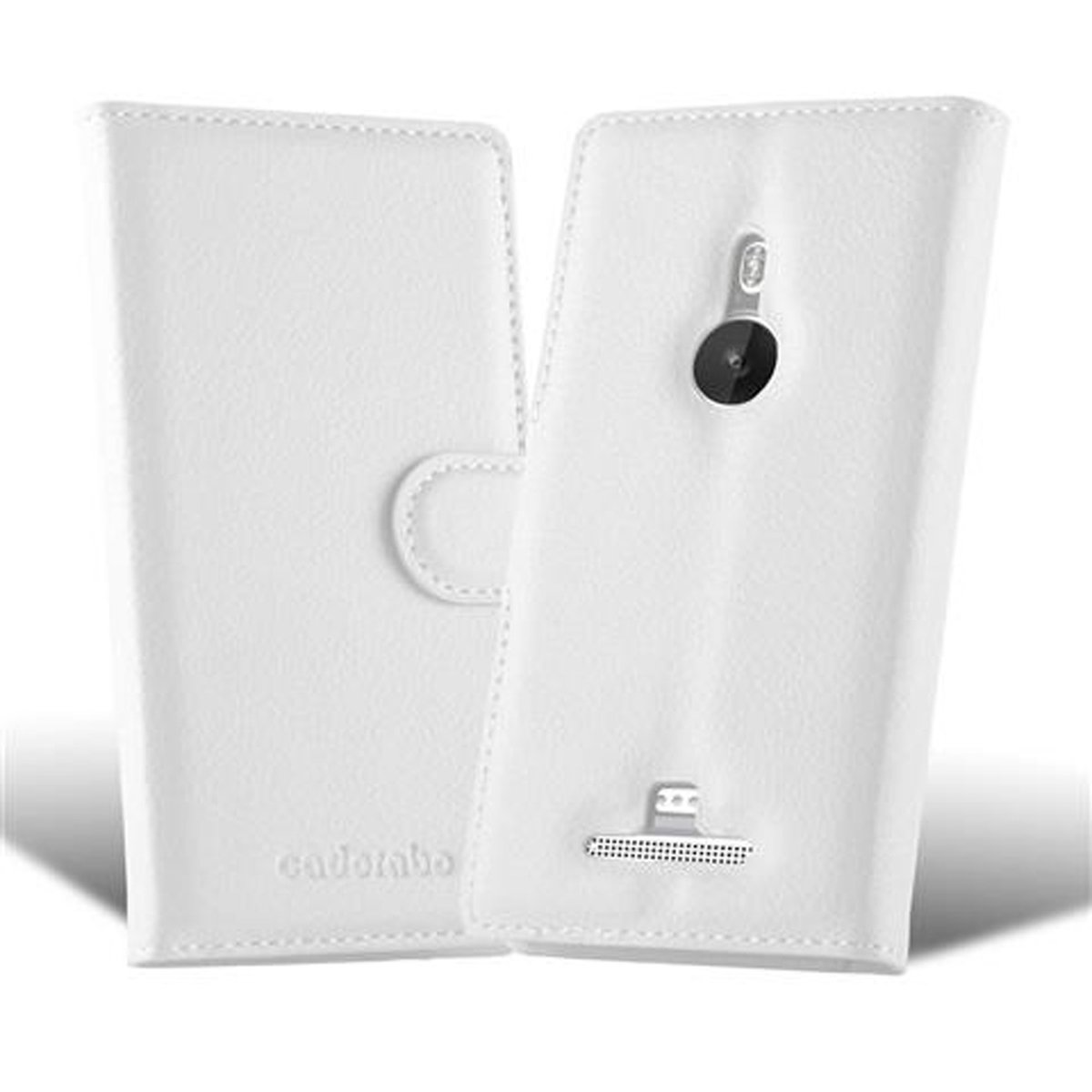 Custodia per telefono bianca, anteriore e posteriore, aperta e chiusa, su sfondo bianco.