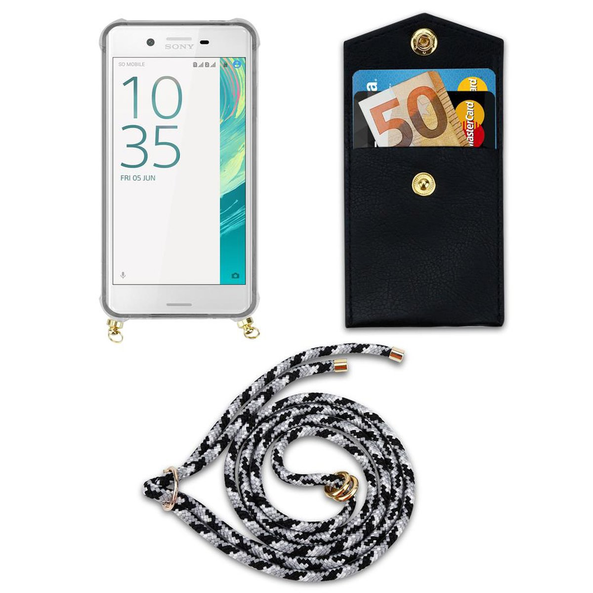 CADORABO Handy Ringen, X, Kordel abnehmbarer mit Gold Backcover, Band Hülle, und Sony, SCHWARZ Xperia Kette CAMOUFLAGE