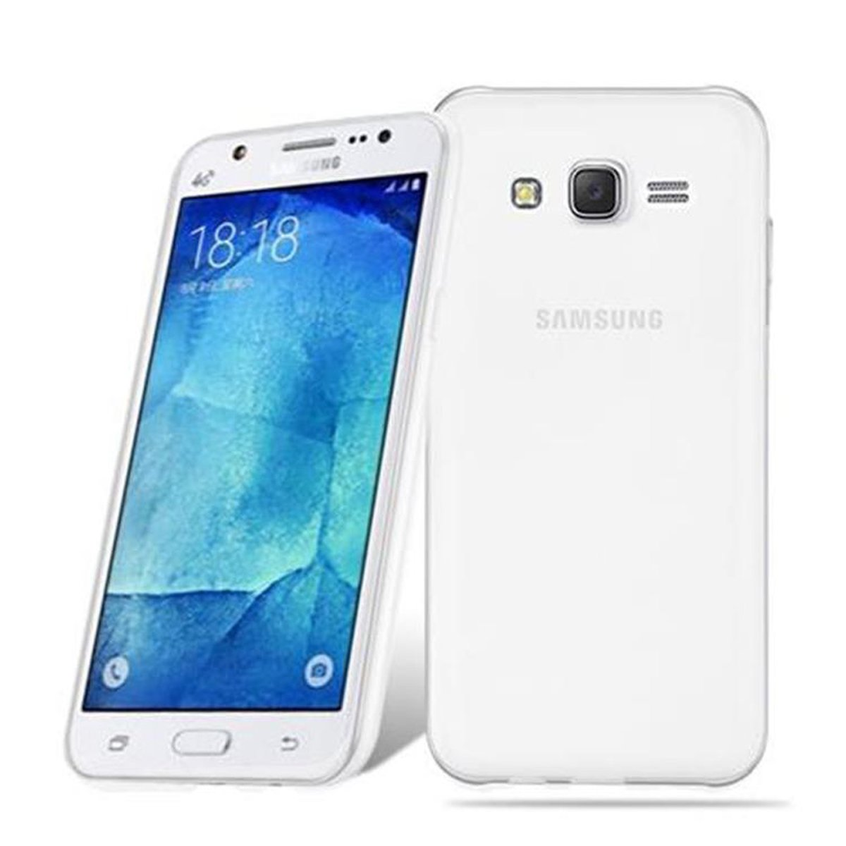 Telefono Samsung bianco con schermo che mostra le 18:18. Visibile il retro di un altro telefono. Cover trasparente.