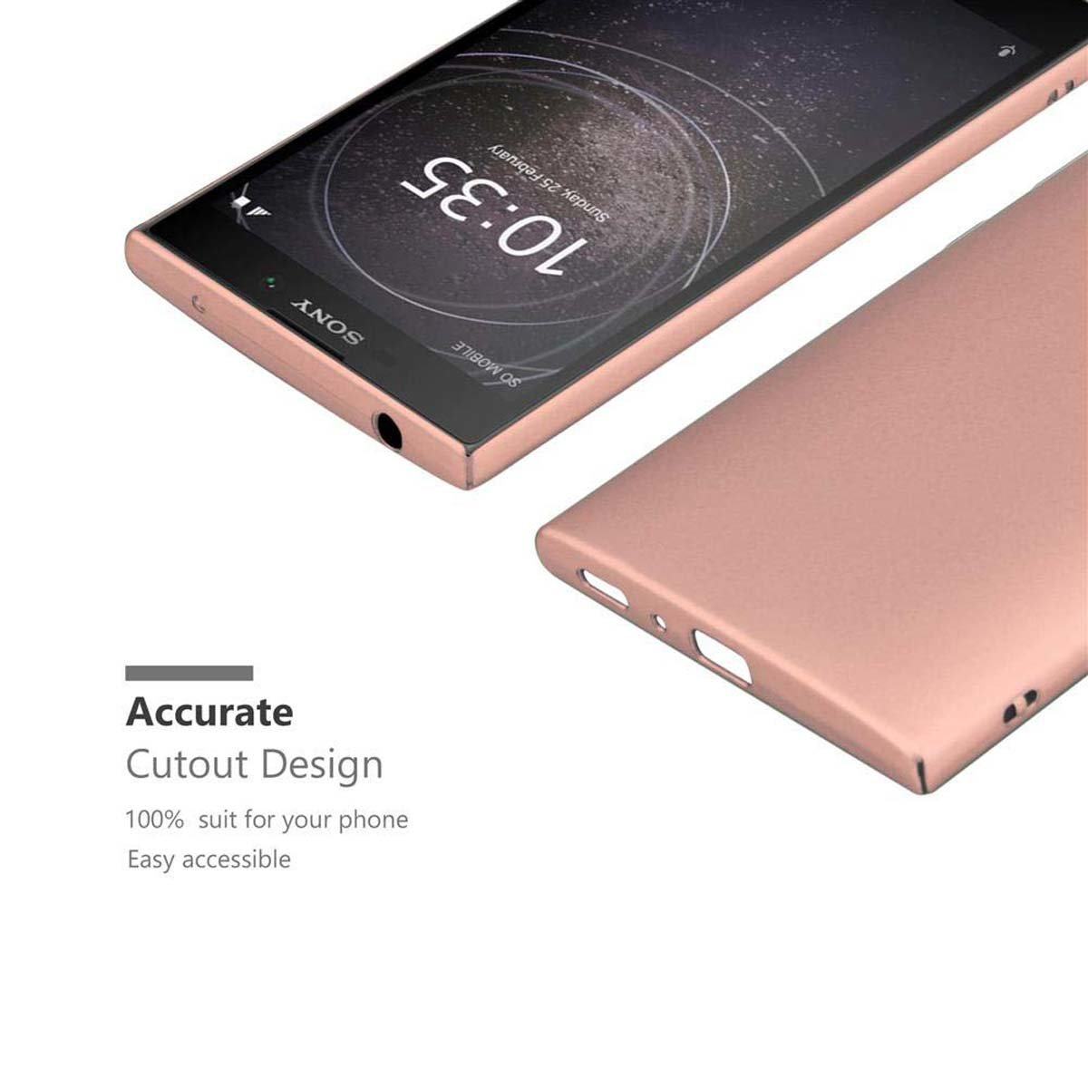 Telefono oro rosa con custodia. Il telefono è su sfondo bianco. La custodia è oro rosa.