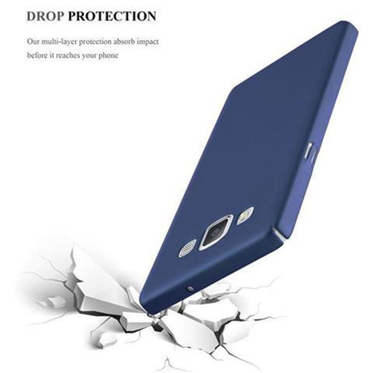 Una funda de teléfono azul sobre trozos blancos rotos. El texto dice protección contra caídas.