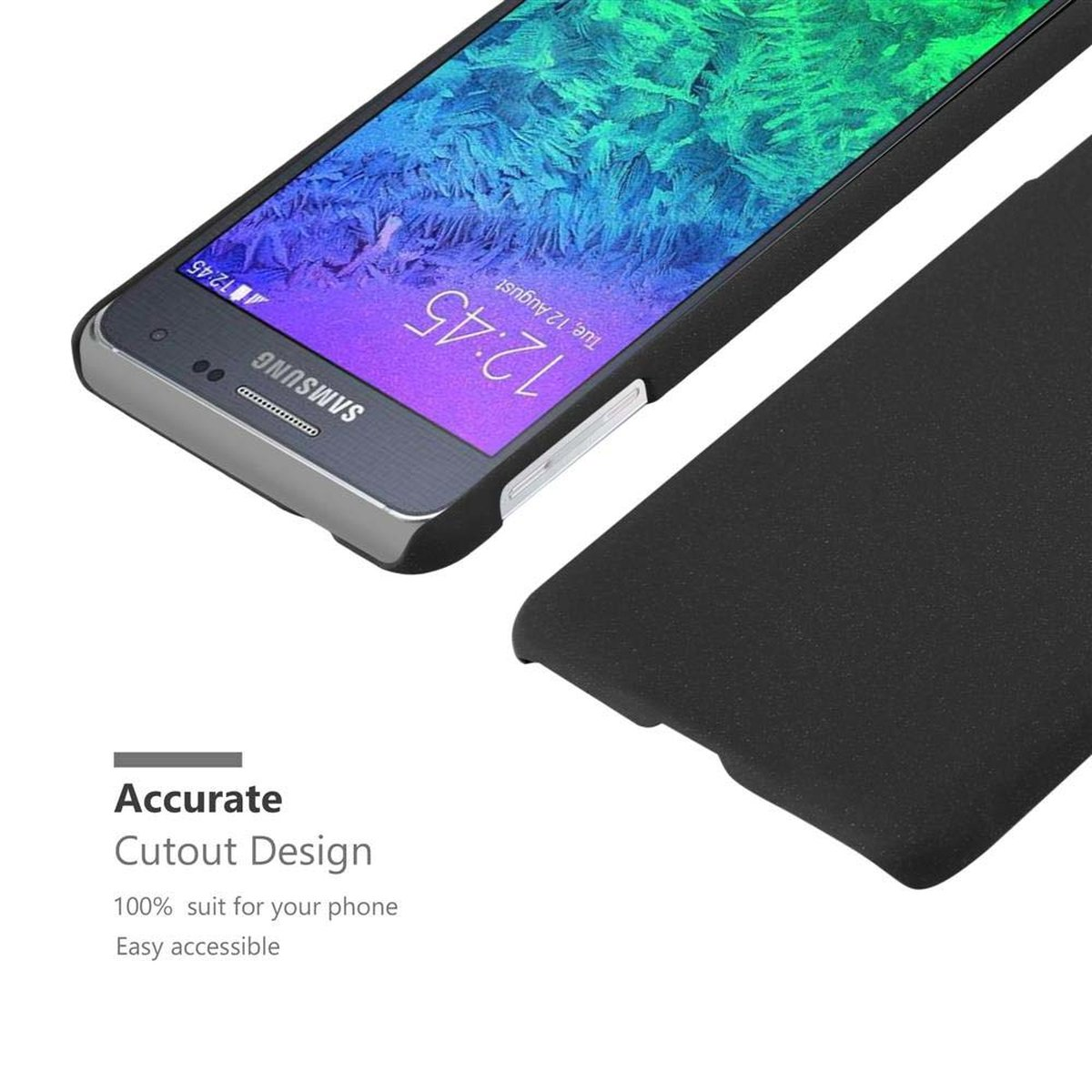 Teléfono negro con funda negra. El teléfono muestra la hora 12:45. La funda está junto al teléfono.