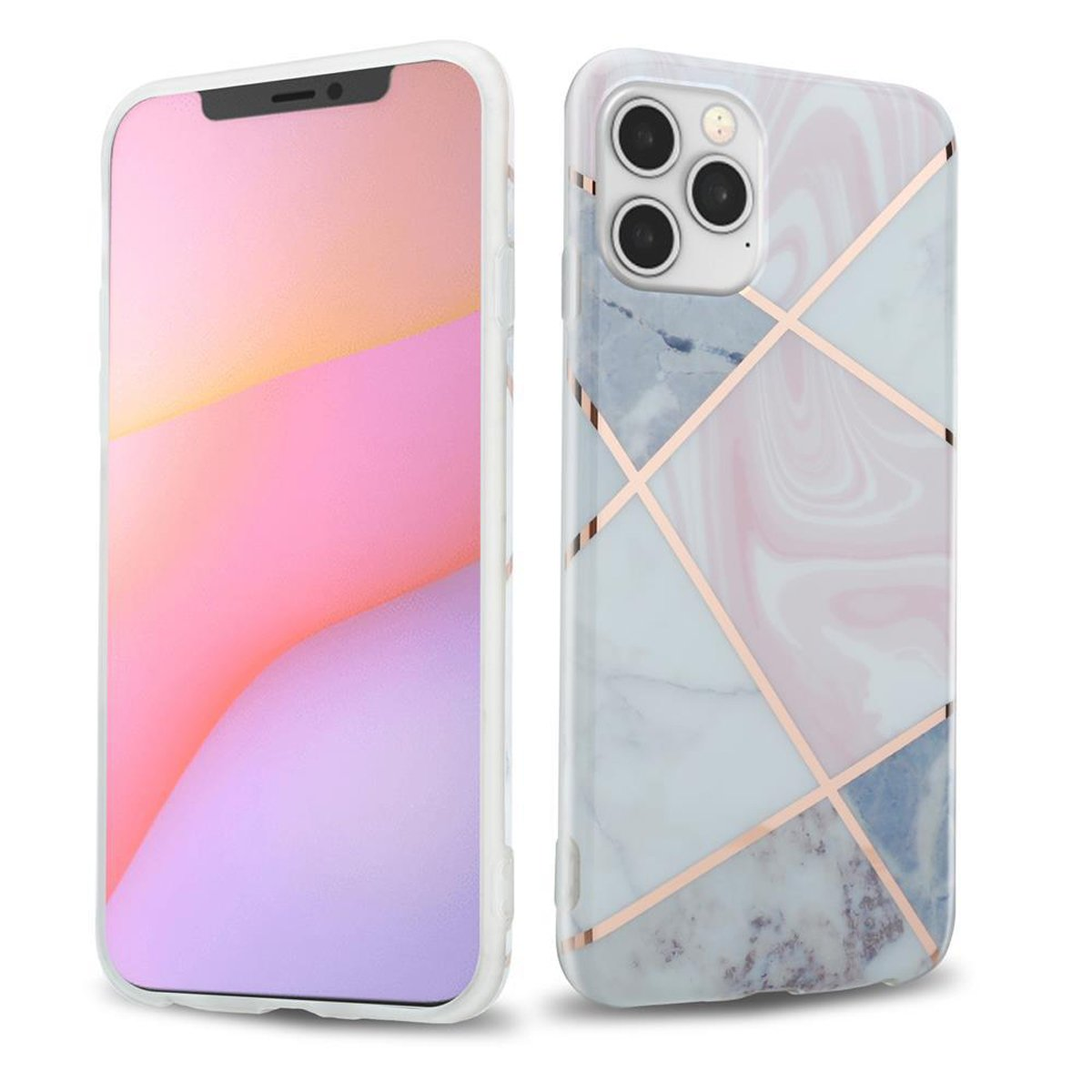 Due telefoni, uno con display colorato, l'altro in una custodia con motivo marmoreo.