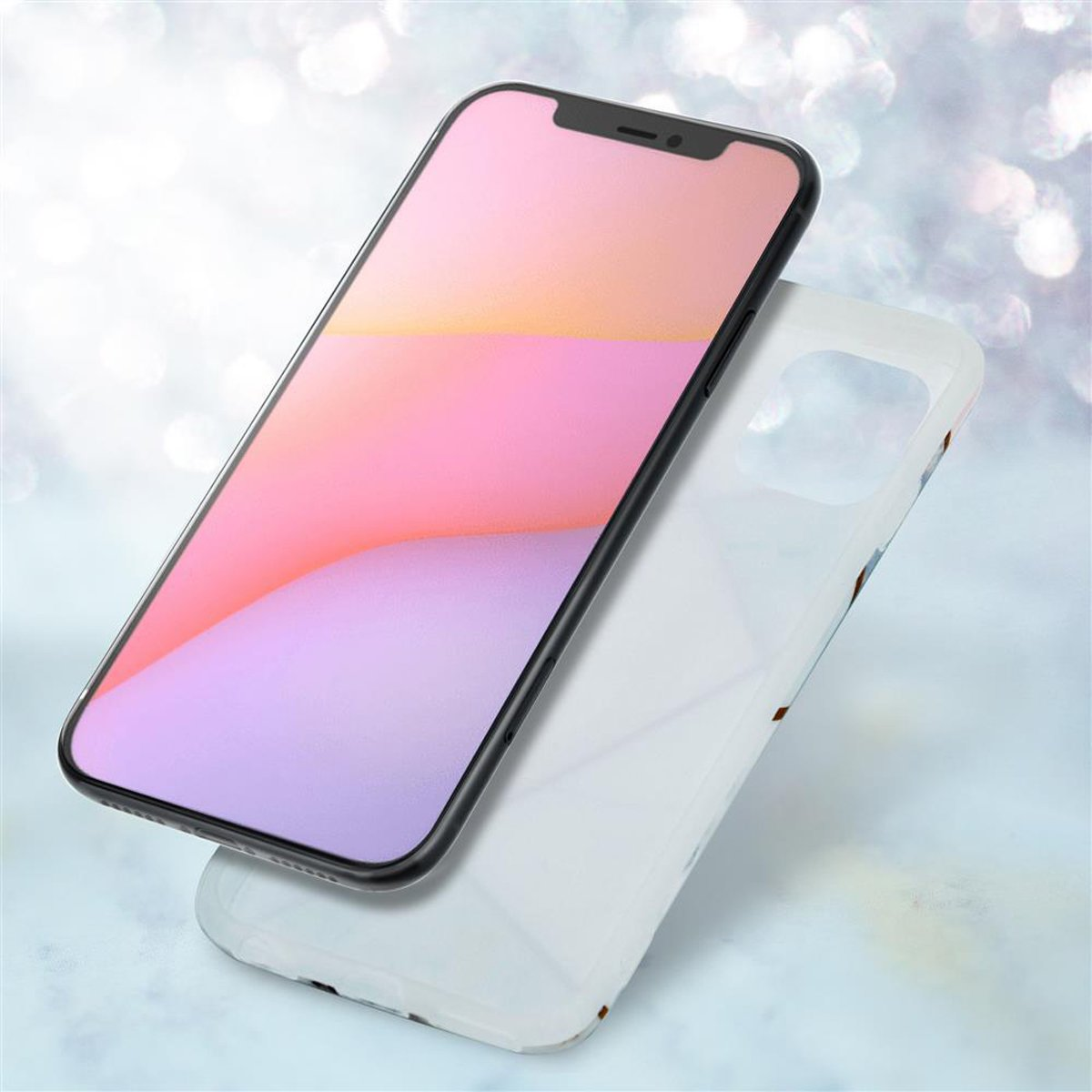 Smartphone in una custodia bianca, che mostra una sfumatura rosa e viola sullo schermo.