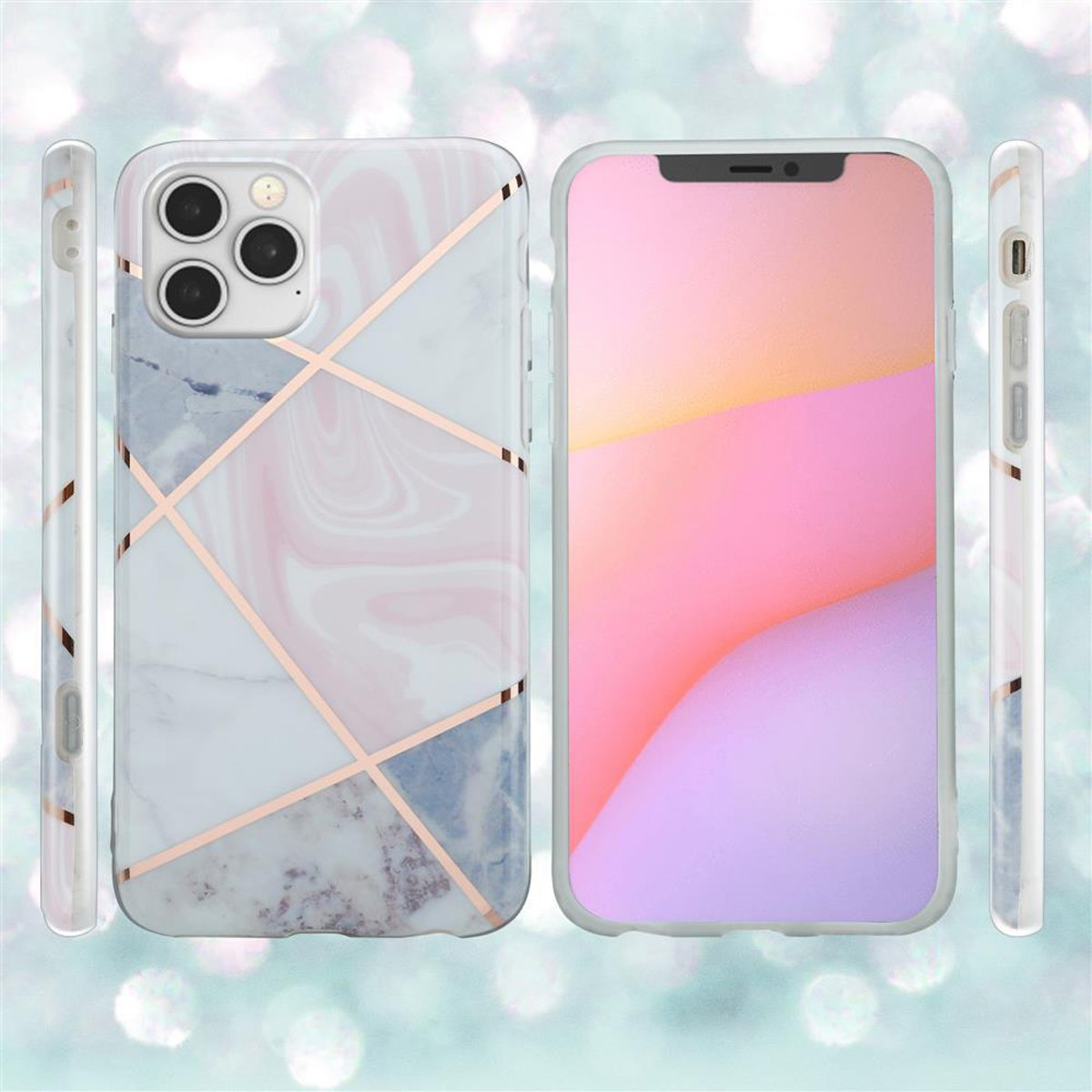 Custodie per telefono, una con design marmorizzato, l'altra con sfondo rosa e viola.