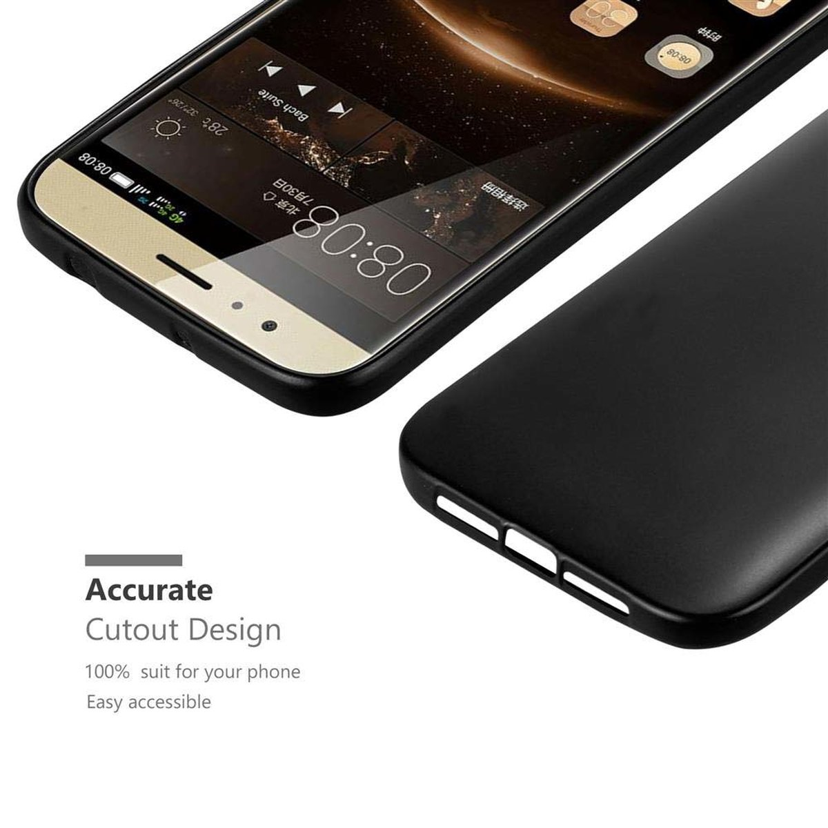 Una funda de teléfono negra y un teléfono con una pantalla que muestra una interfaz de música. La funda tiene recortes.